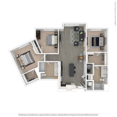 Floor plan for 3 beds, 2 baths, 1259 sqft
